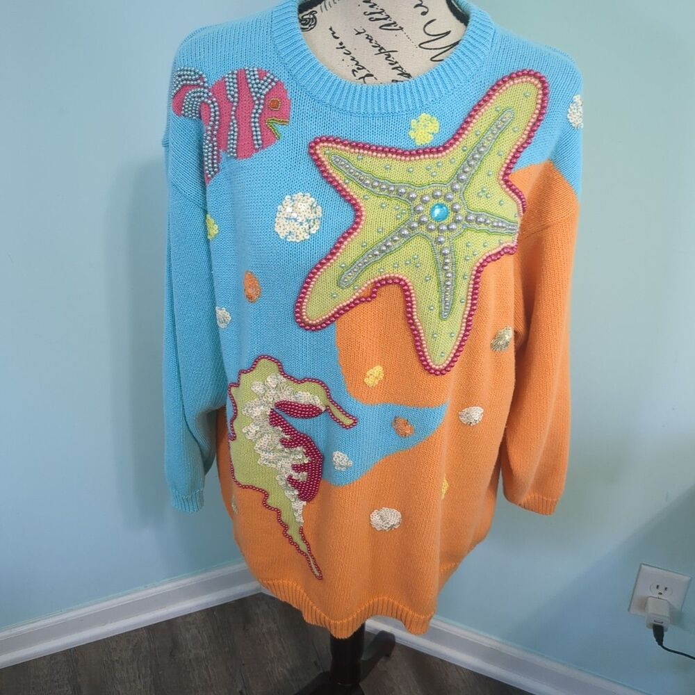 Vintage IB Diffusion Sport Tunic Sweater sealife starfish seahorse beaded sequin
